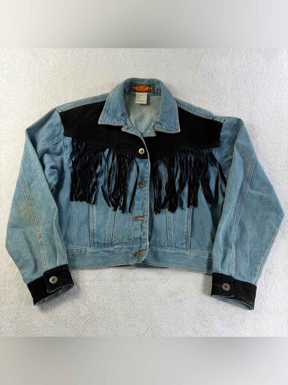 Vintage Jeruche Western Suede Fringe Cropped Denim Trucker Jacket Women S Rodeo